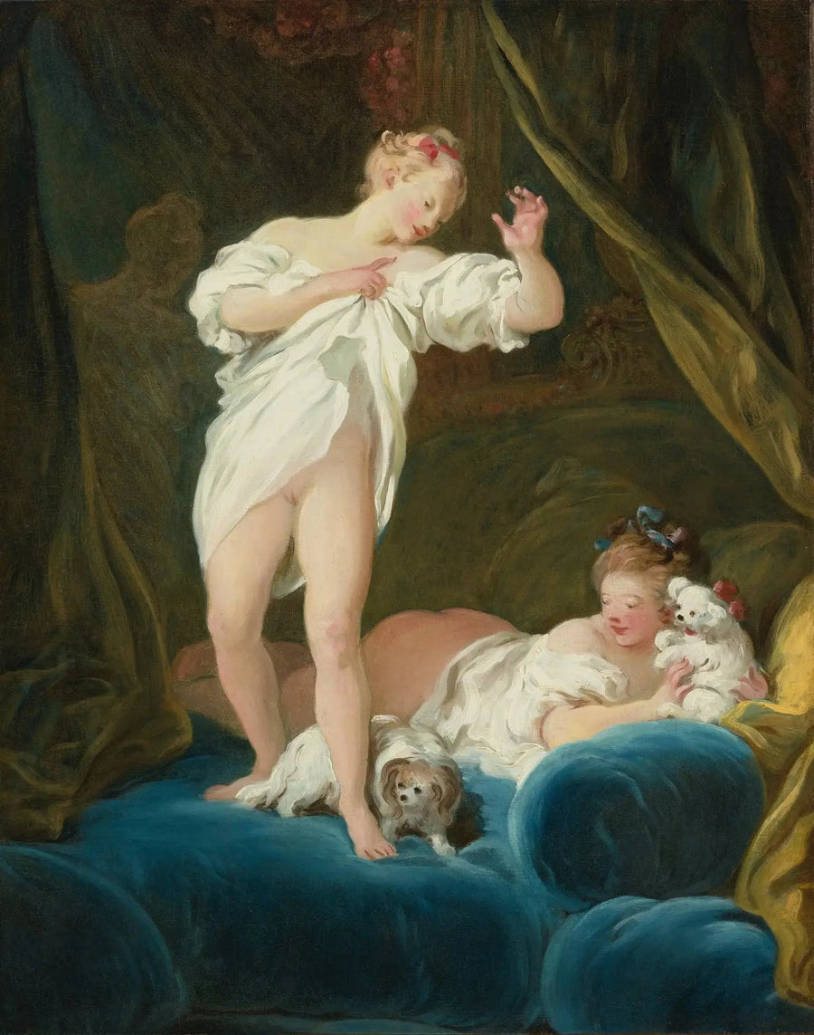 Två flickor på en säng som leker med sina hundar - Jean-Honoré Fragonard