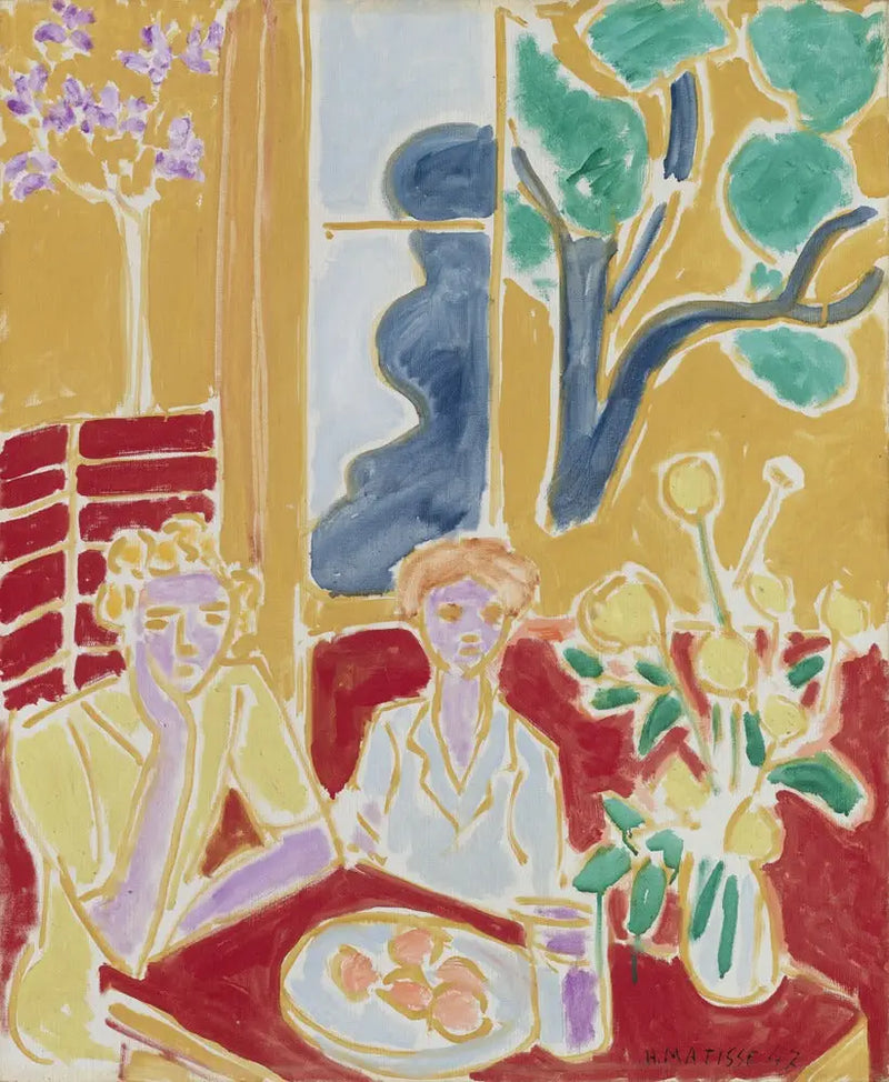 Två flickor, gul och röd bakgrund - Henri Matisse