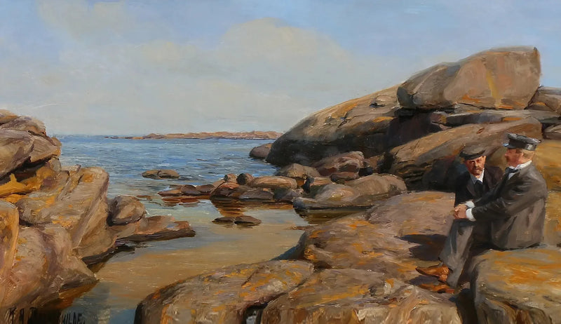 Två män i samtal på en klippig strand - H. A. Brendekilde
