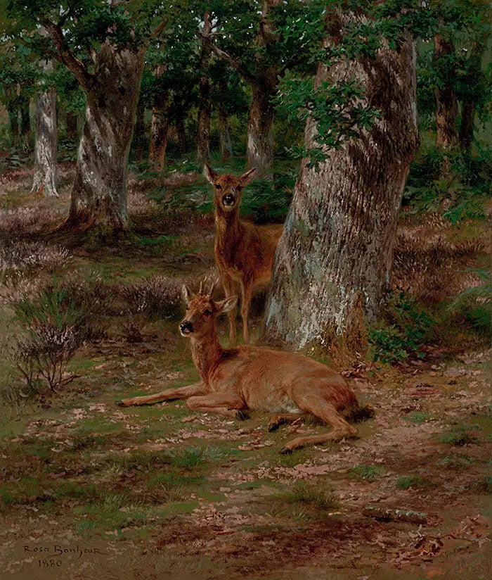 Två unga rådjur i en skog - Rosa Bonheur
