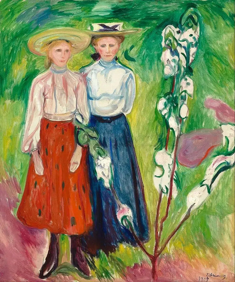Två unga flickor i trädgården - Edvard Munch