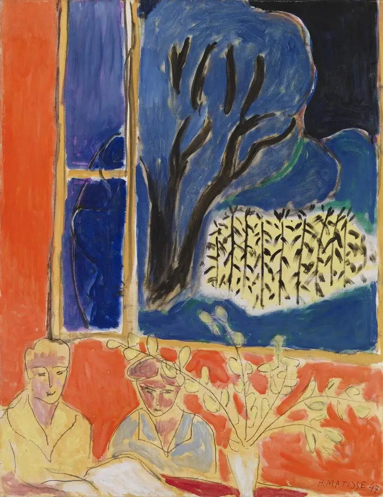 Två unga flickor i en korallinredning, blå trädgård (Två små flickor, korallbakgrund, blå trädgård) - Henri Matisse