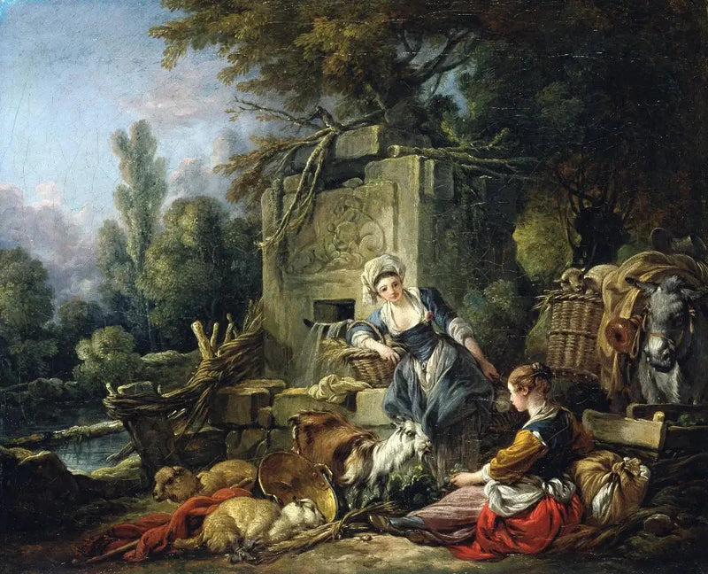 Två bondkvinnor vid en rustik fontän - François Boucher