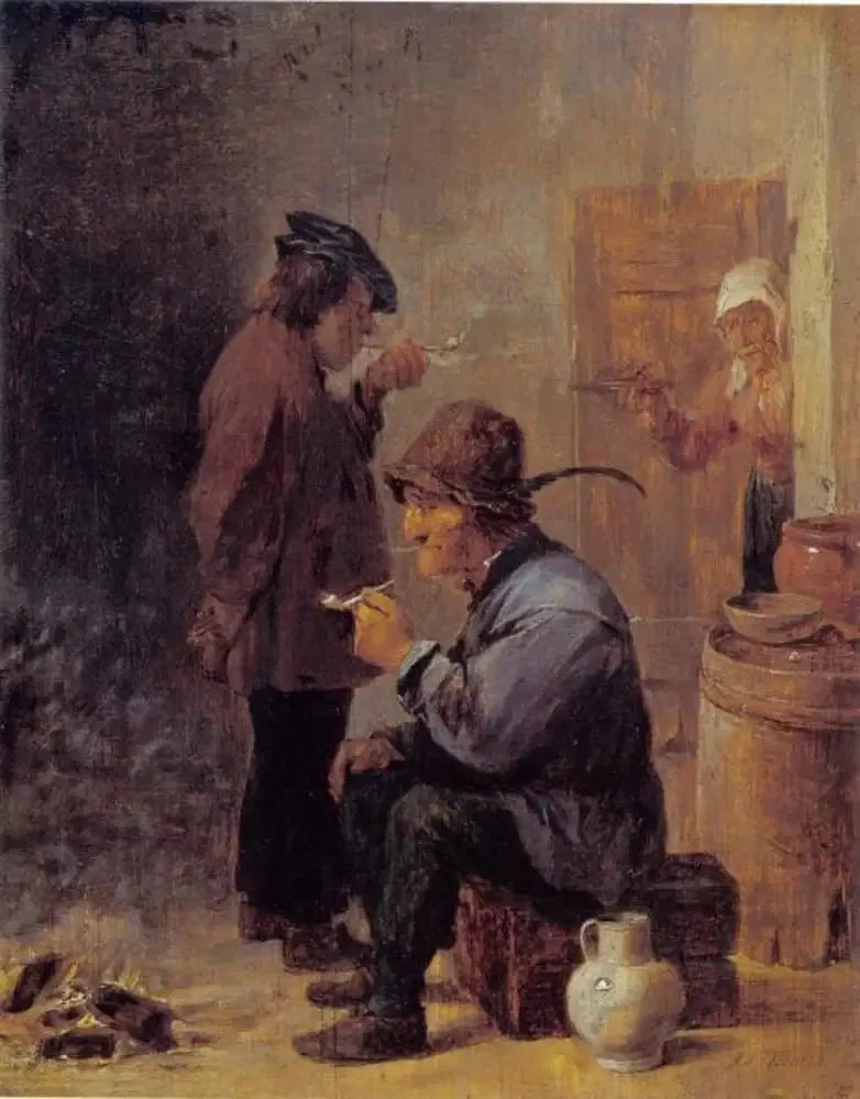Två rökarbönder vid kolgrillen - David Teniers den yngre