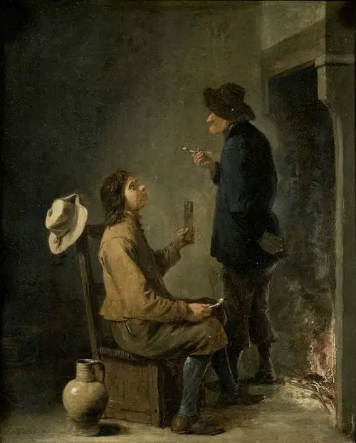 Två rökande bönder framför en öppen spis - David Teniers den yngre