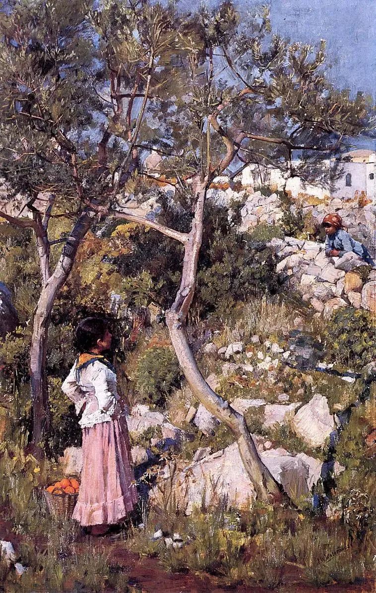 Två små italienska flickor nära en by - John William Waterhouse