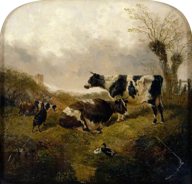 Två kor med getter och ankor i ett landskap - John Frederick Herring, Sr.
