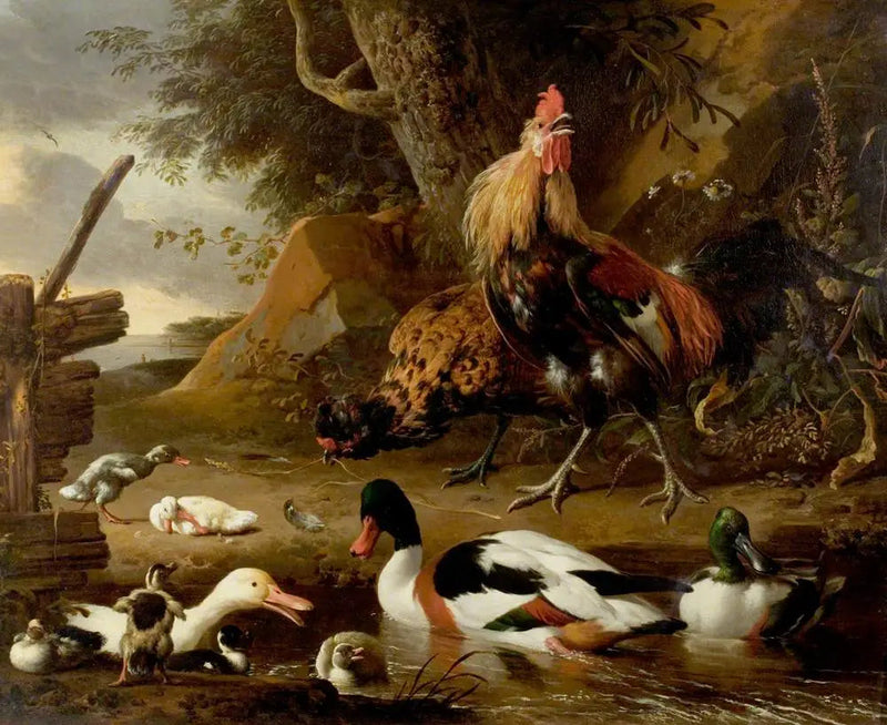 Två fåglar och ankor på en damm - Melchior de Hondecoeter