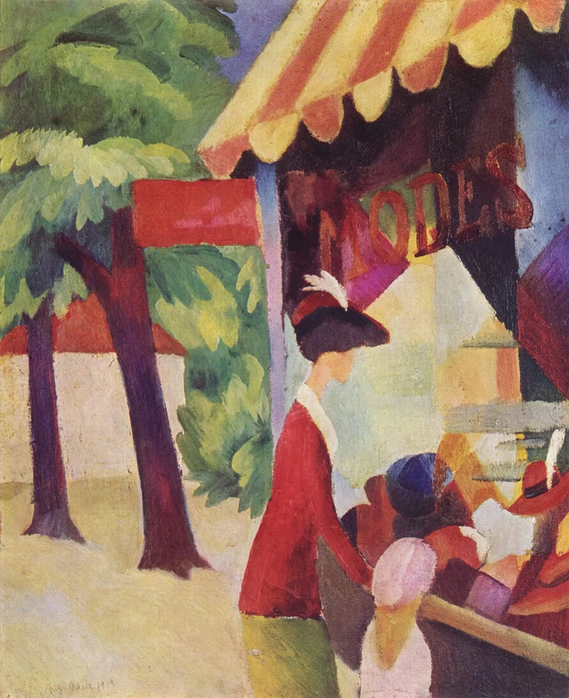 Framför hattbutiken (Kvinna med röd jacka och ett barn) - August Macke