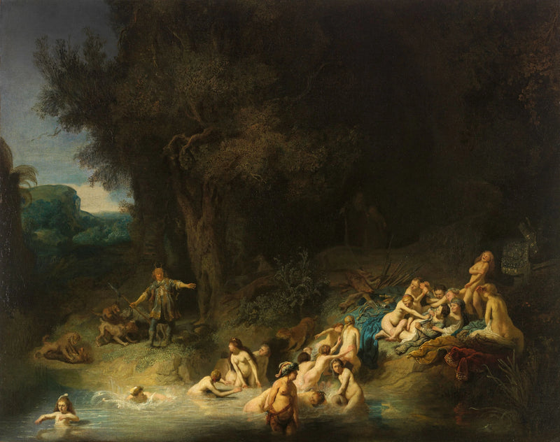 Diane och hennes nymfer överraskade i badet av Actéon - Rembrandt