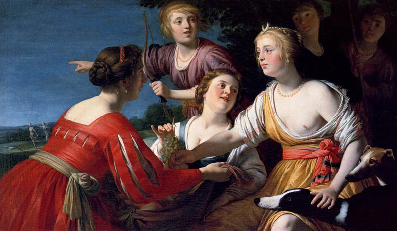 Diane som vilar efter jakten, med herdarinnor och två greyhounds, ett landskap i bakgrunden - Gerrit van Honthorst