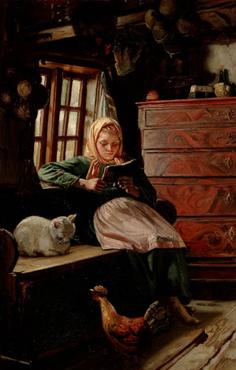 Söndag eftermiddag i en fiskarstuga. En ung flicka som läser. - Michael Peter Ancher