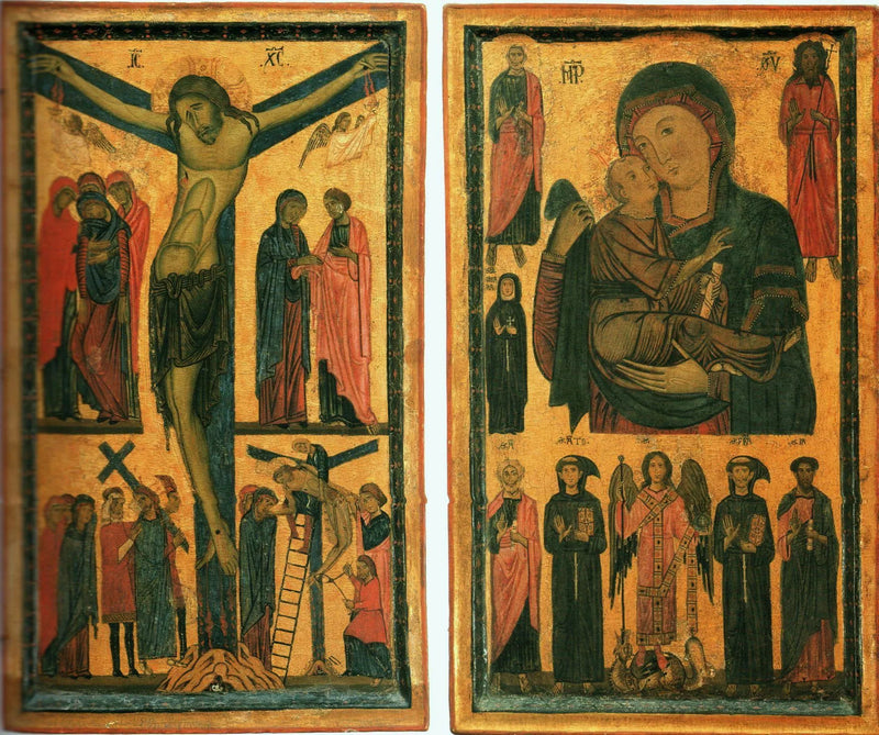 Dittico av Kristi korsfästelse och Madonna med barn och helgon - Bonaventura Berlinghieri