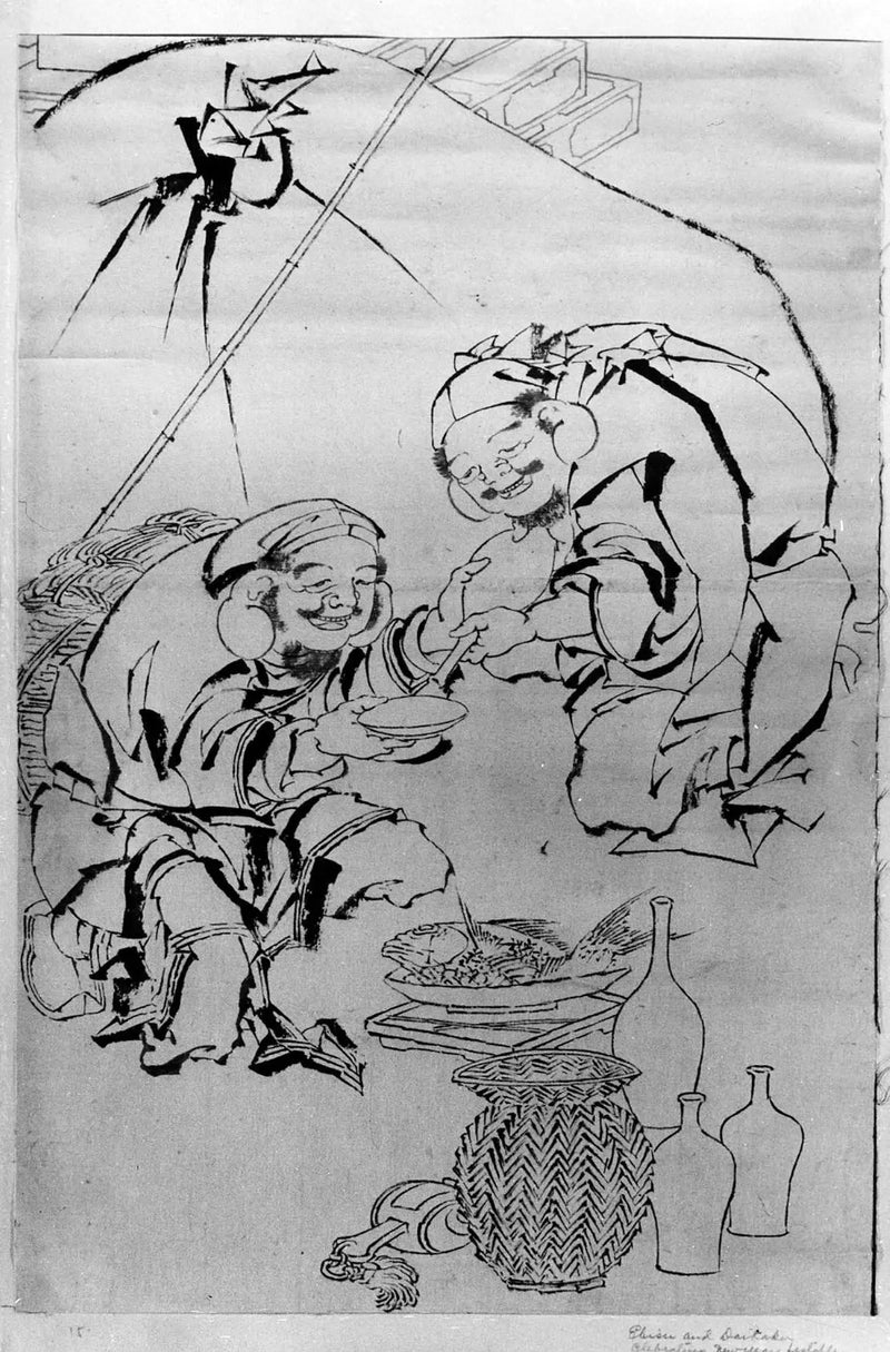 Ebisu och Daikoku firar nyårsfestivalen - Hokusai