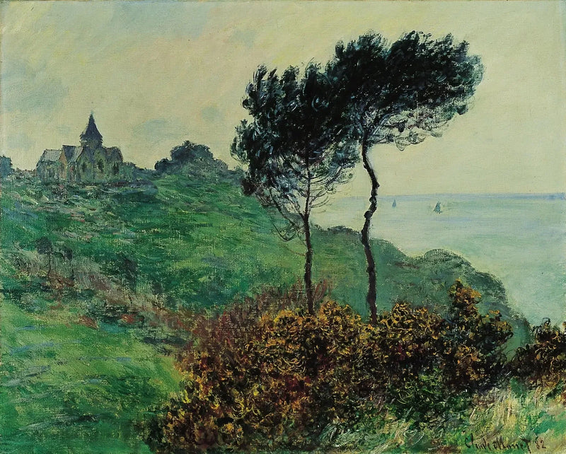 Varengevilles kyrka, grått väder - Claude Monet