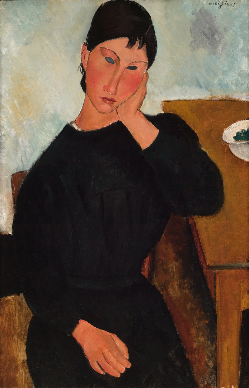 Elvire sittande, lutad mot ett bord - Amedeo Modigliani