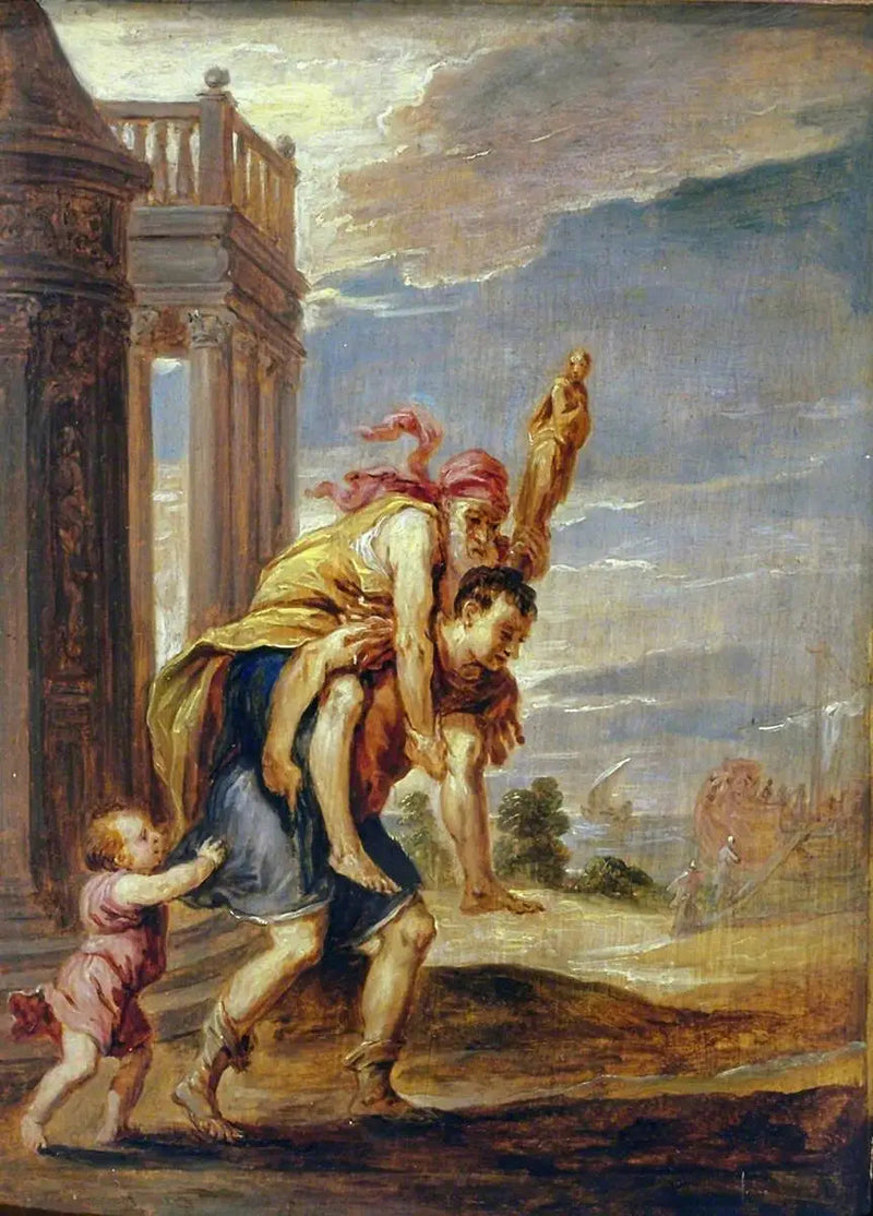 Aeneas flyr Troja (efter Andrea Schiavone) - David Teniers den yngre