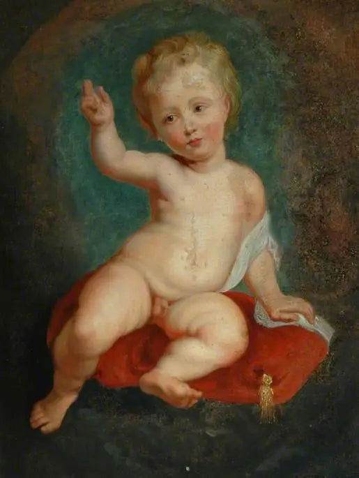 Barn som sitter på en röd kudde - Peter Paul Rubens