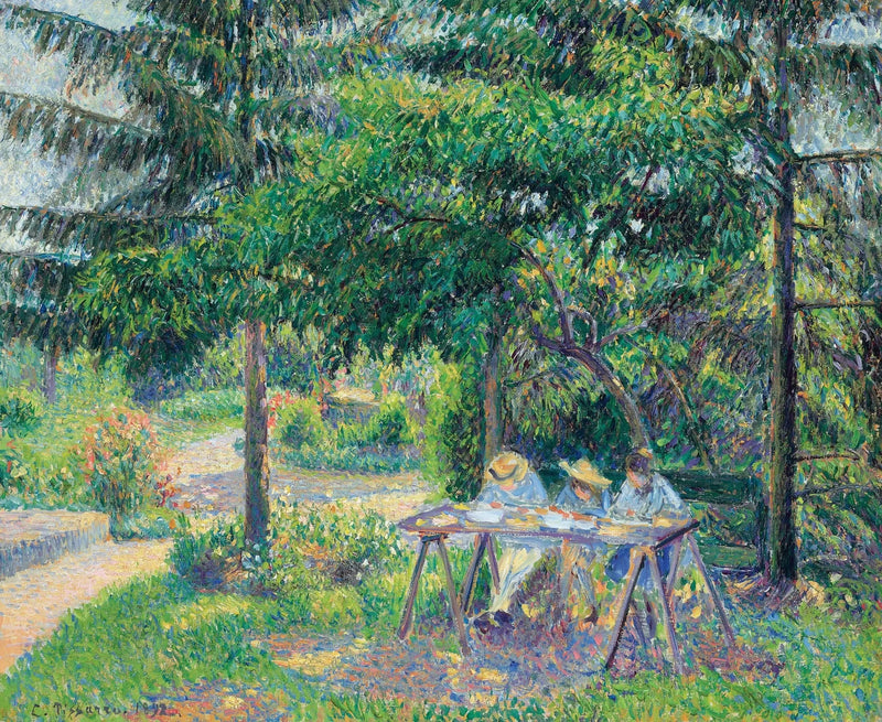 Barn som sitter vid ett bord i trädgården, Éragny - Camille Pissarro