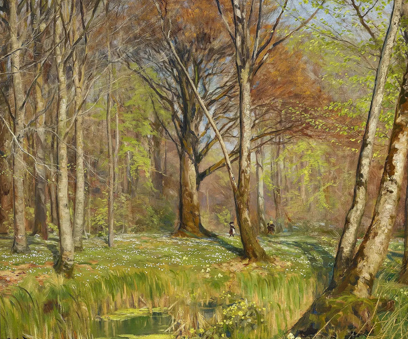 Barn i en skog på våren. Anemonerna blommar. - H. A. Brendekilde