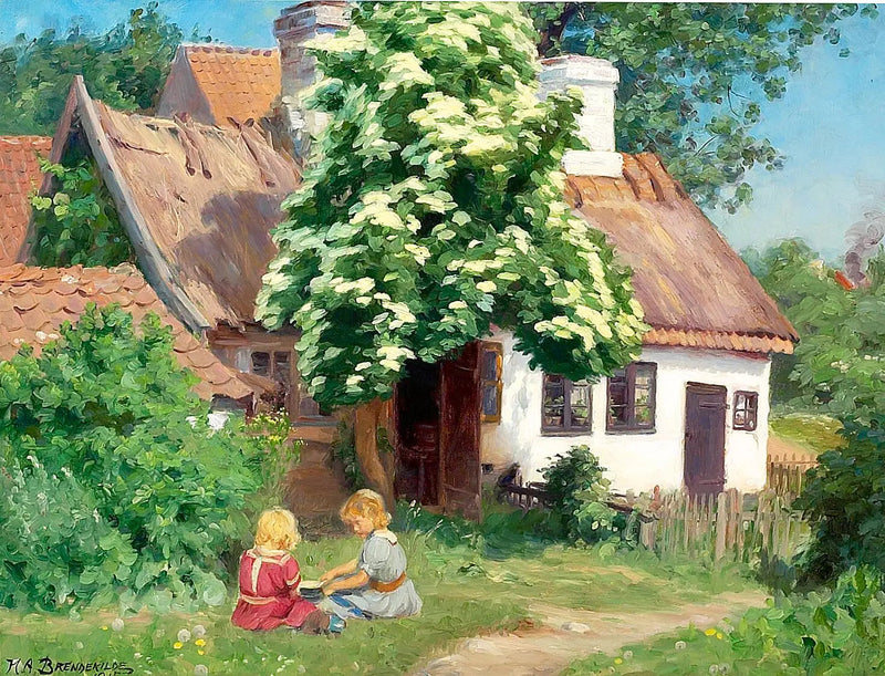 Barn som leker framför en gård. - H. A. Brendekilde