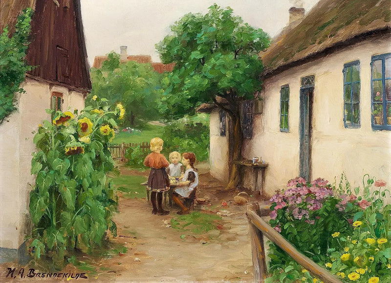 Barn som leker nära en gård, till vänster om blommande solrosor. - H. A. Brendekilde