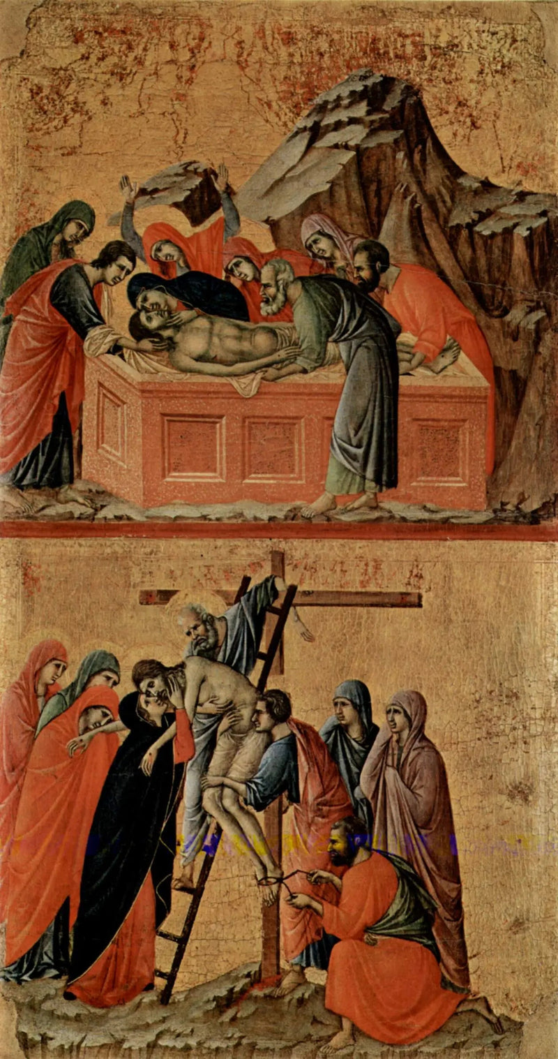 Korsfästelsen av Kristus (uppe) ; Nedtagningen från korset (nere) - Duccio di Buoninsegna