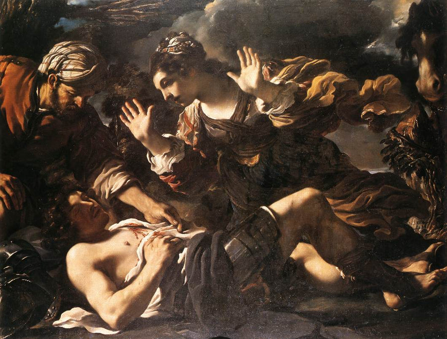 Erminia hittar Tancrède skadad - Guercino