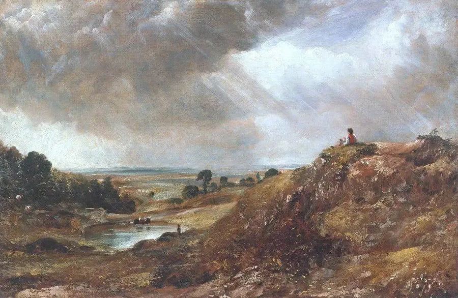 Bäcksjö vid Branch Hill, Hampstead Heath, med en pojke som sitter på en strand - John Constable