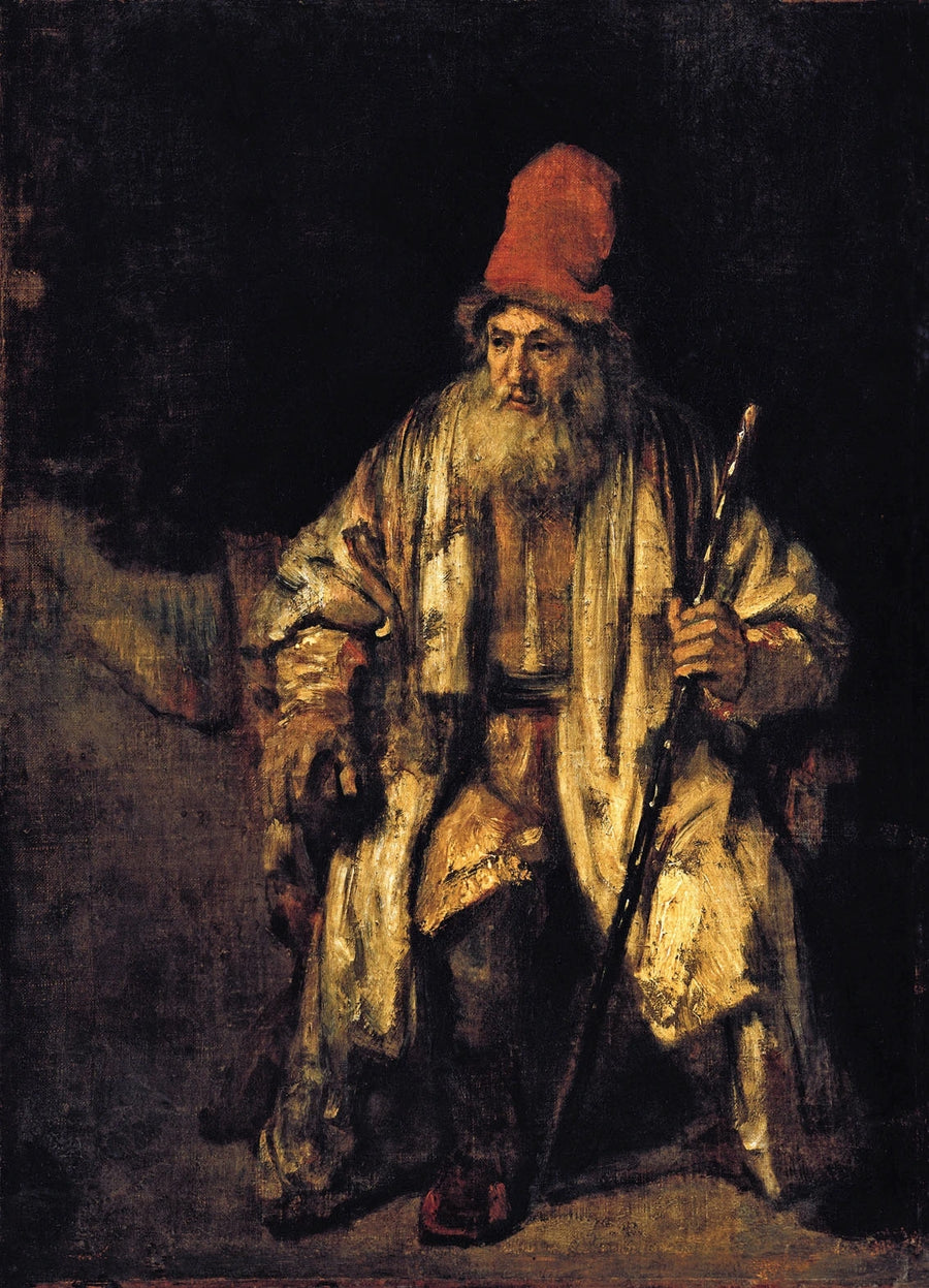 Porträtt av en gammal man som sitter med en röd hatt - Rembrandt