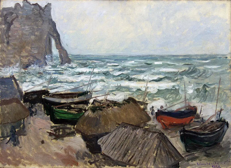 Klippor och båtar i Étretat - Claude Monet