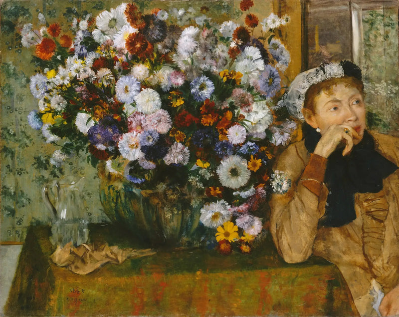 Kvinna som sitter bredvid en vas med blommor - Edgar Degas