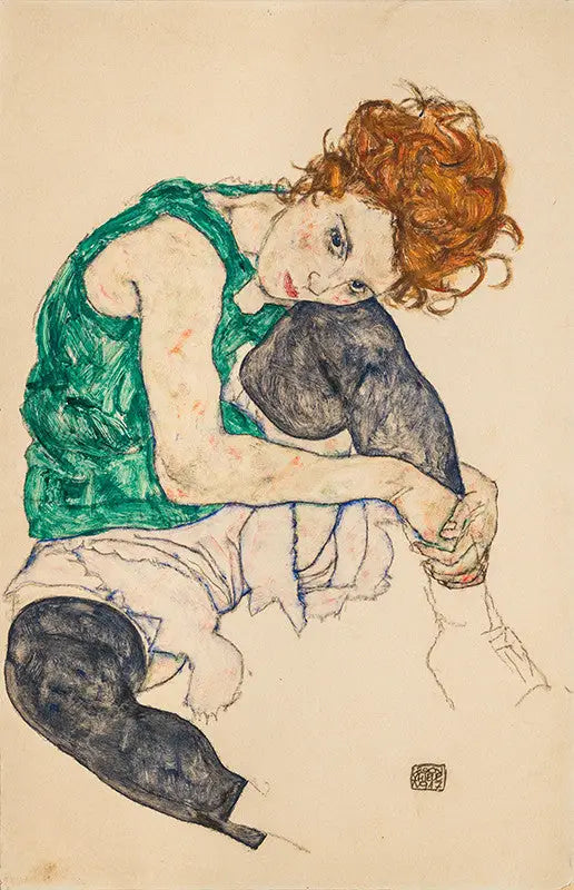 Kvinna som sitter med benet draget till sig - Egon Schiele