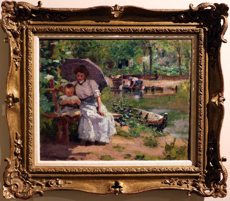 Kvinna med barn sittande i en skog - Federico Zandomeneghi
