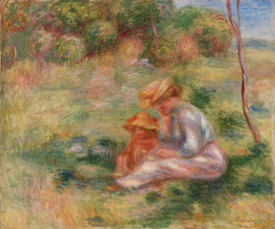 Kvinna med barn på gräset - Pierre-Auguste Renoir