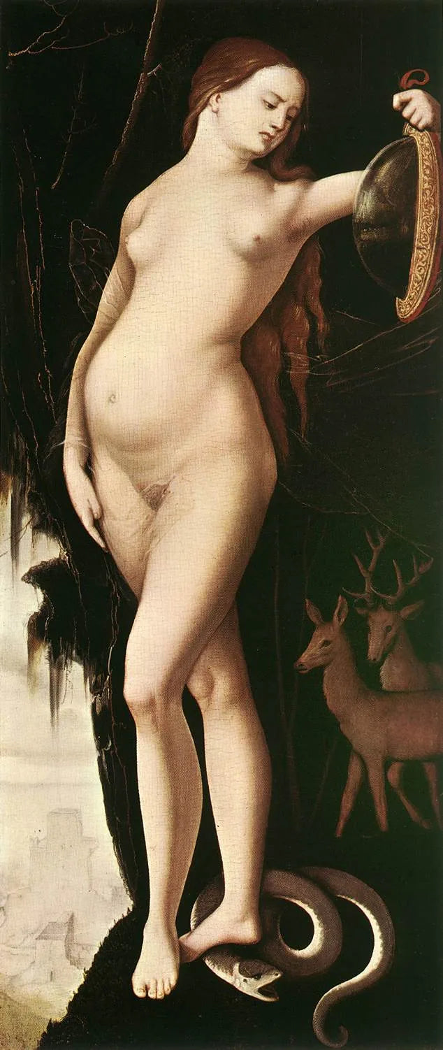 Kvinna med spegel, orm, hjort och hund - Hans Baldung Grien