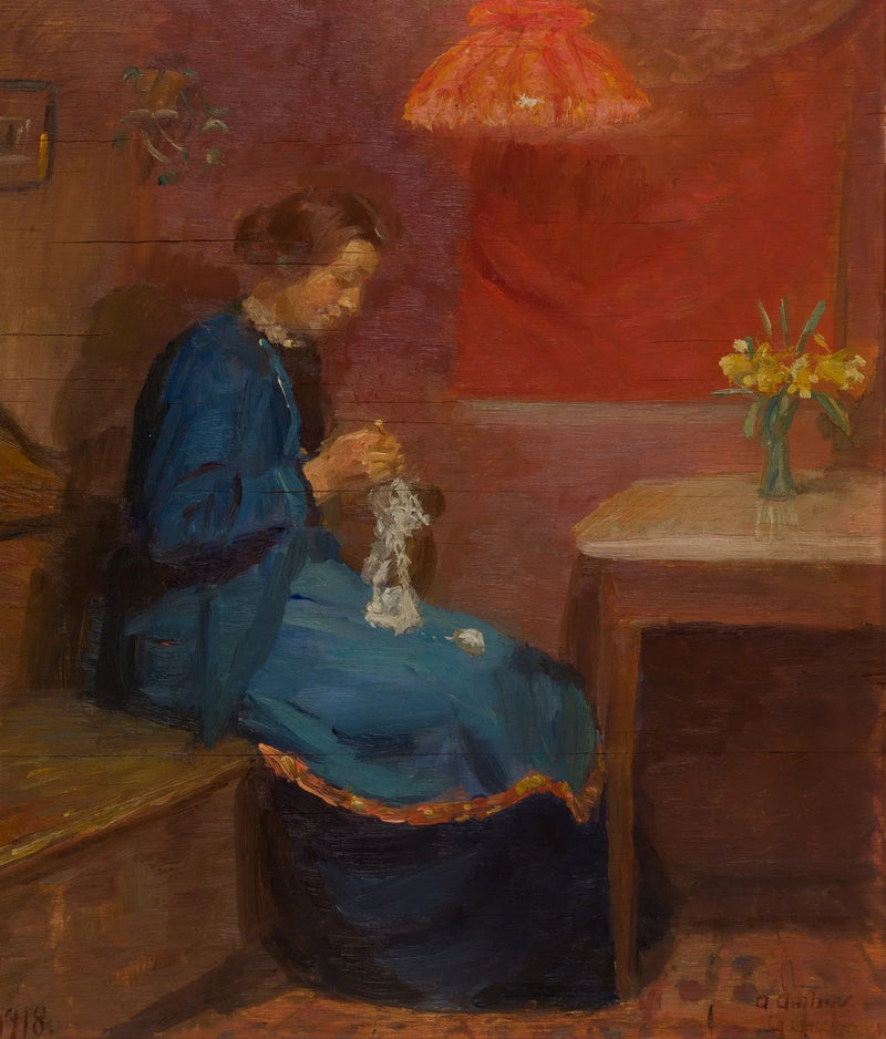 Kvinna med sitt handarbete vid nålen. - Anna Ancher