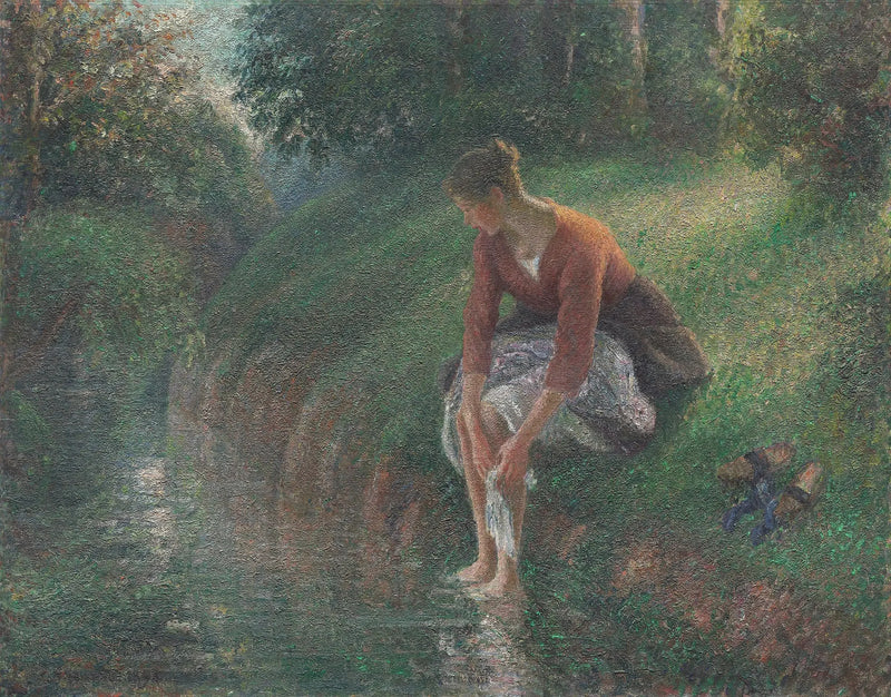 Kvinna som badar sina fötter i en bäck - Camille Pissarro