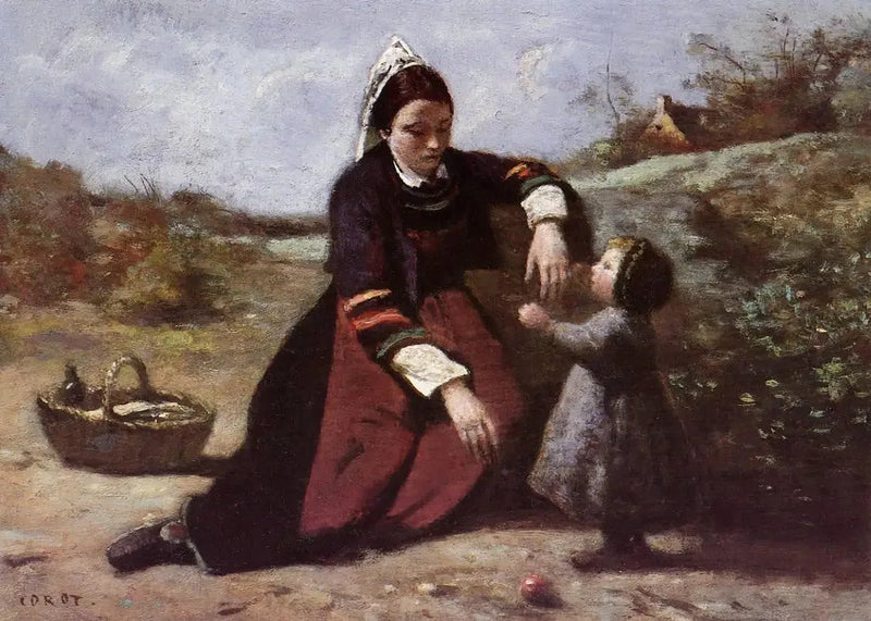Bretonkvinna och hennes lilla dotter - Jean-Baptiste Camille Corot