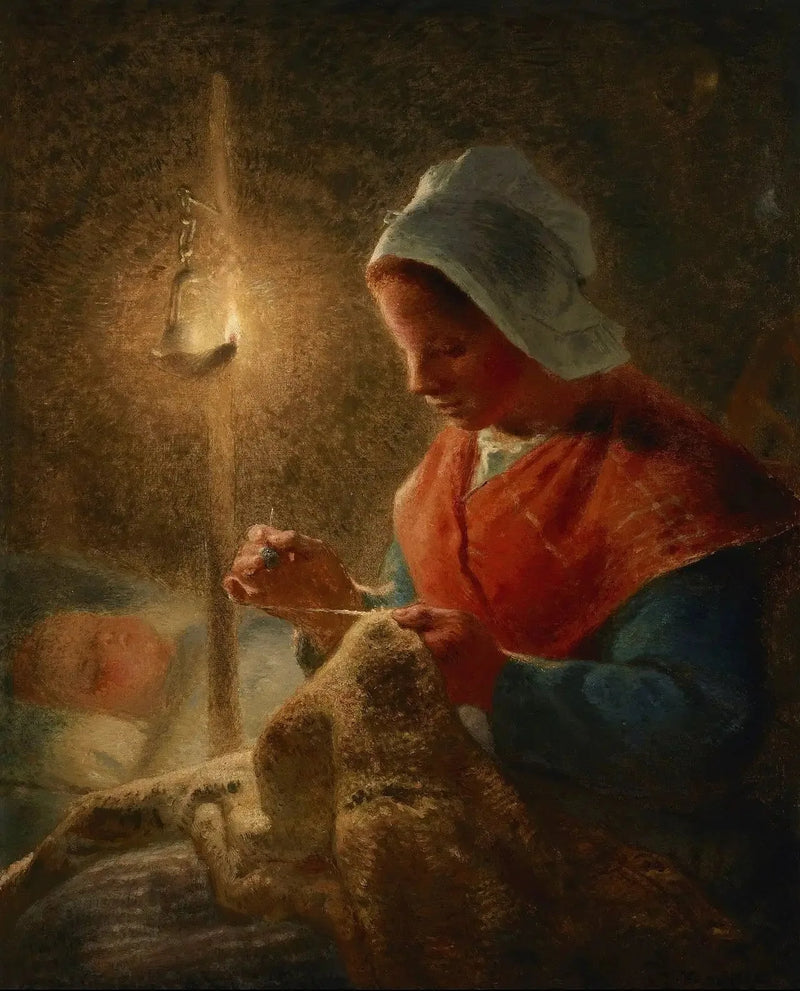 Kvinna syr i lampljus - Jean-François Millet