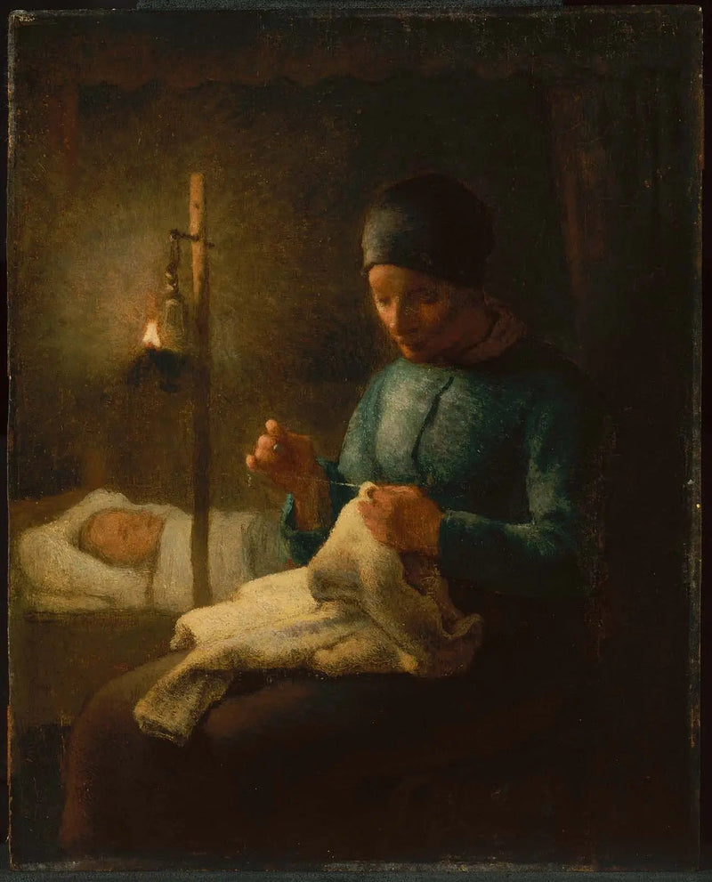 Kvinna som syr bredvid sitt sovande barn - Jean-François Millet