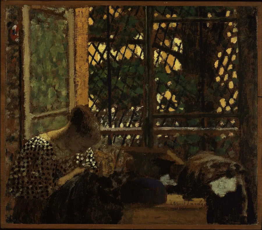 Kvinna som syr framför ett trädgårdsfönster - Édouard Vuillard