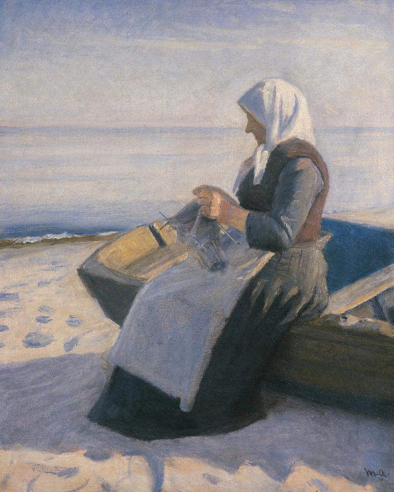 Fiskarhustru som stickar på stranden i Skagen - Michael Peter Ancher