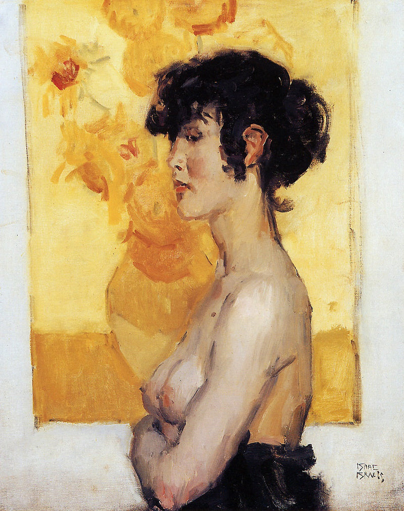Kvinna, i profil framför Solrosor av Van Gogh - Isaac Israëls