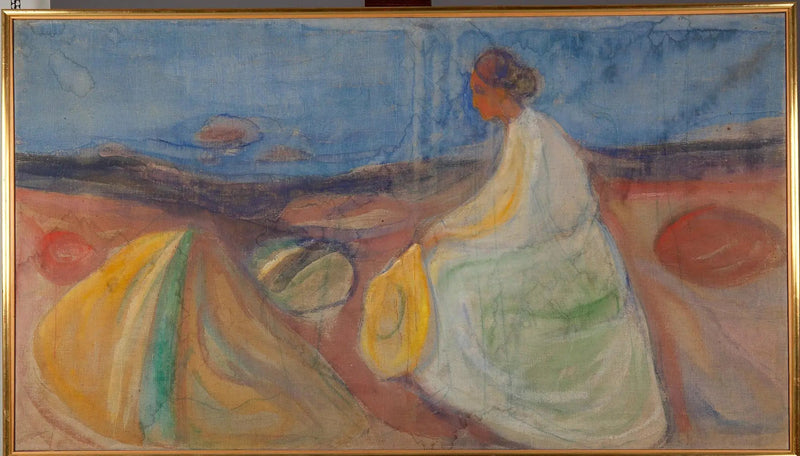Kvinna i vitt som sitter på stranden - Edvard Munch