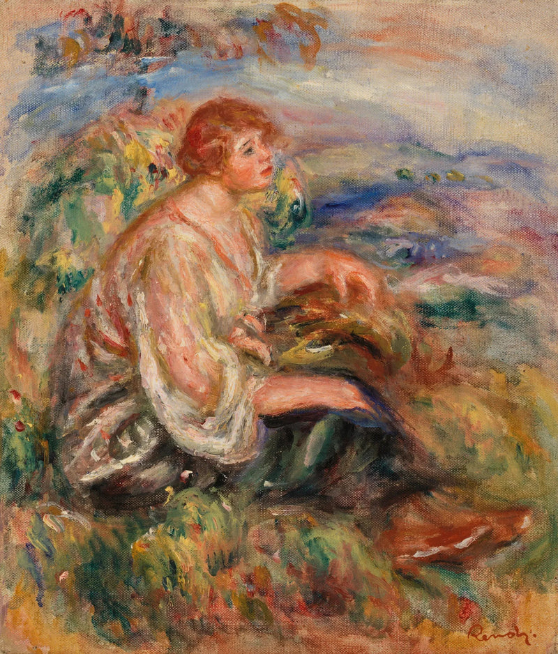 Kvinna i blus av tyll och svart kjol i ett landskap - Pierre-Auguste Renoir