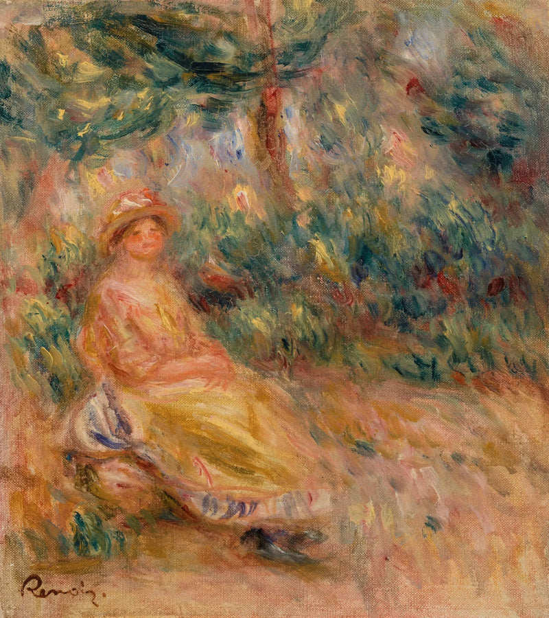 Kvinna i rosa och gult i ett landskap - Pierre-Auguste Renoir