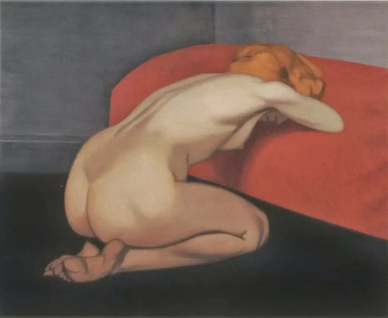 Naken kvinna knäböjande framför en röd soffa - Félix Vallotton
