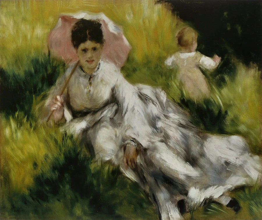 Kvinna med en parasoll och ett litet barn på en solig kulle - Pierre-Auguste Renoir