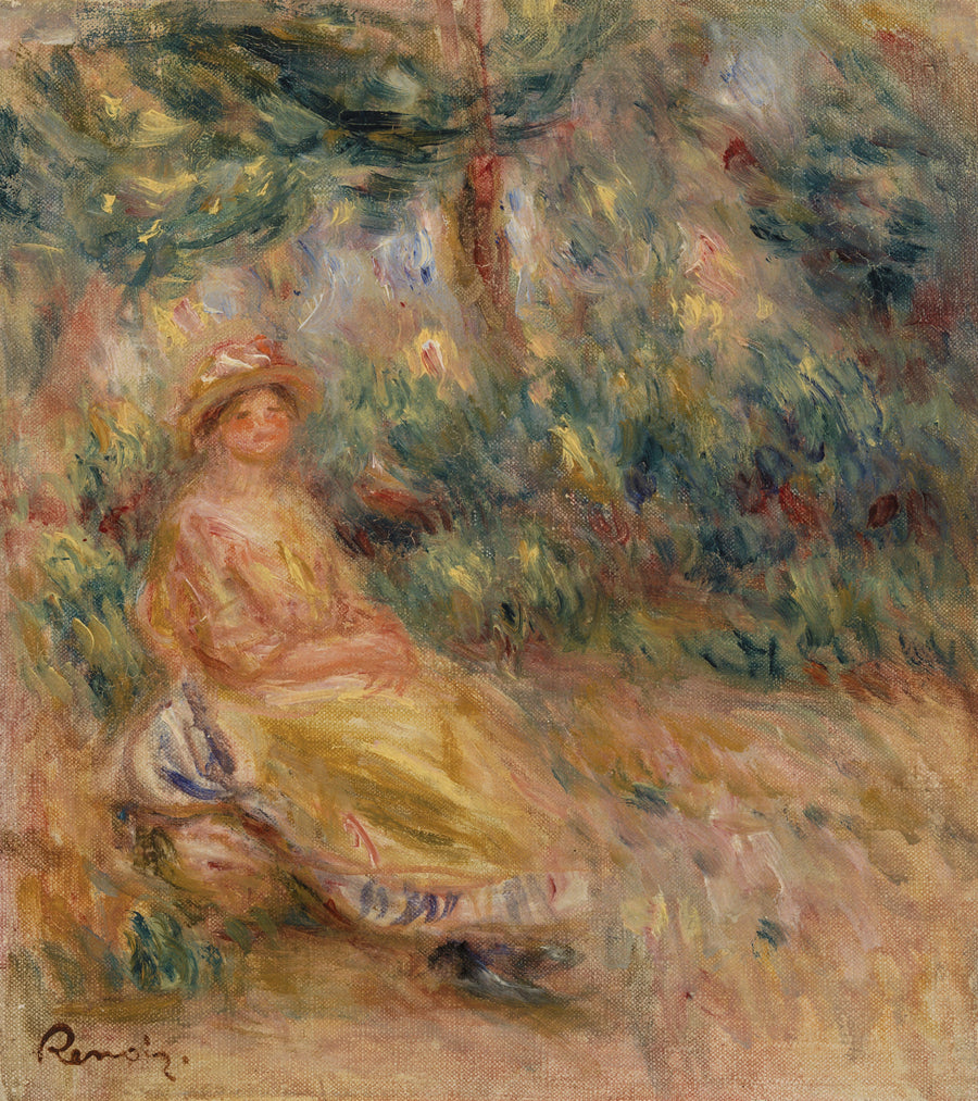 Kvinna i rosa och gult i ett landskap - Pierre-Auguste Renoir